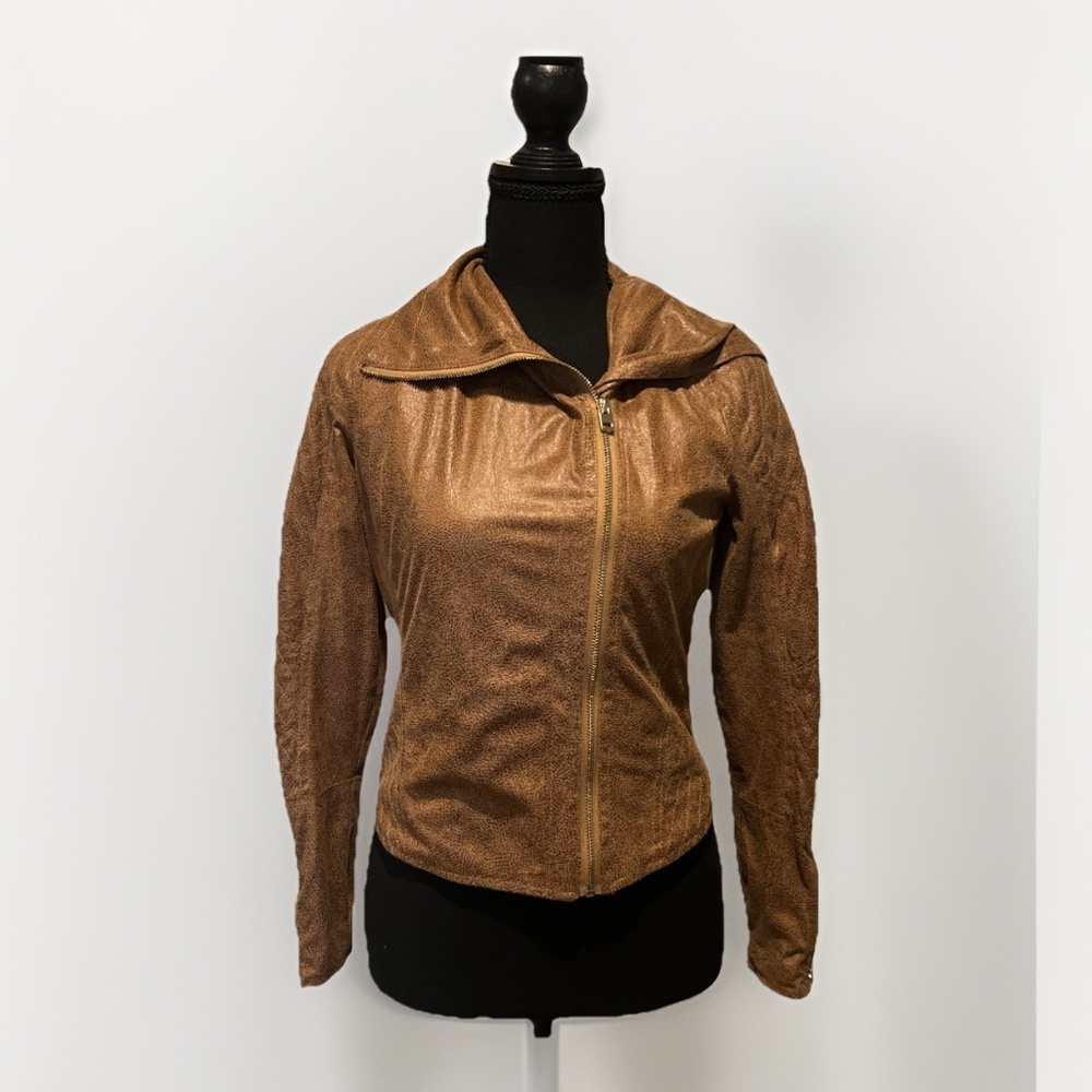 XOXO Brown Faux Leather-Texture Zip Jacket XS – Moto Biker Style / Lightweight